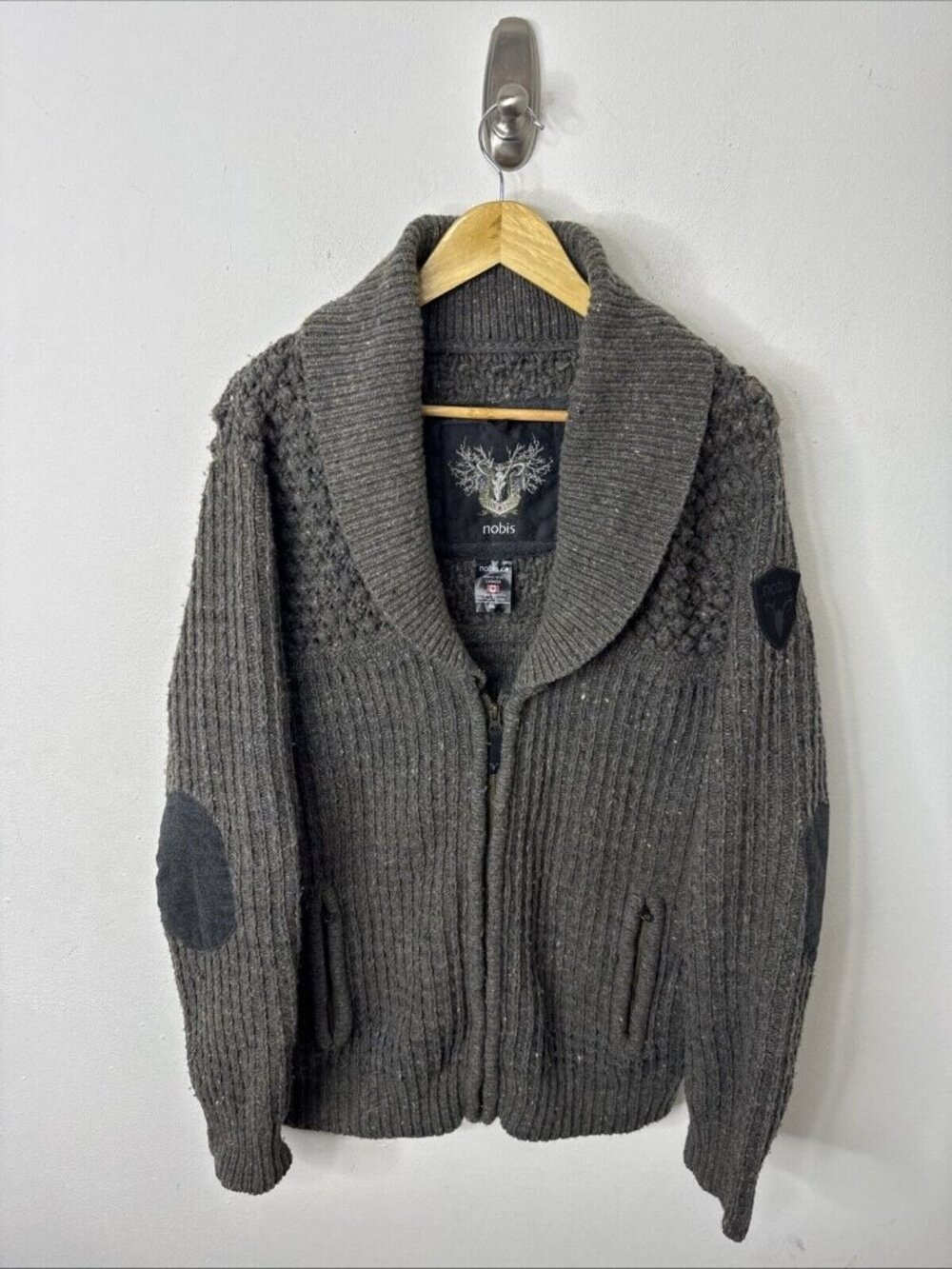 Nobis Men L Fisherman Heavy Knit Thermal Zip Sweater Cardigan Dad Loomed